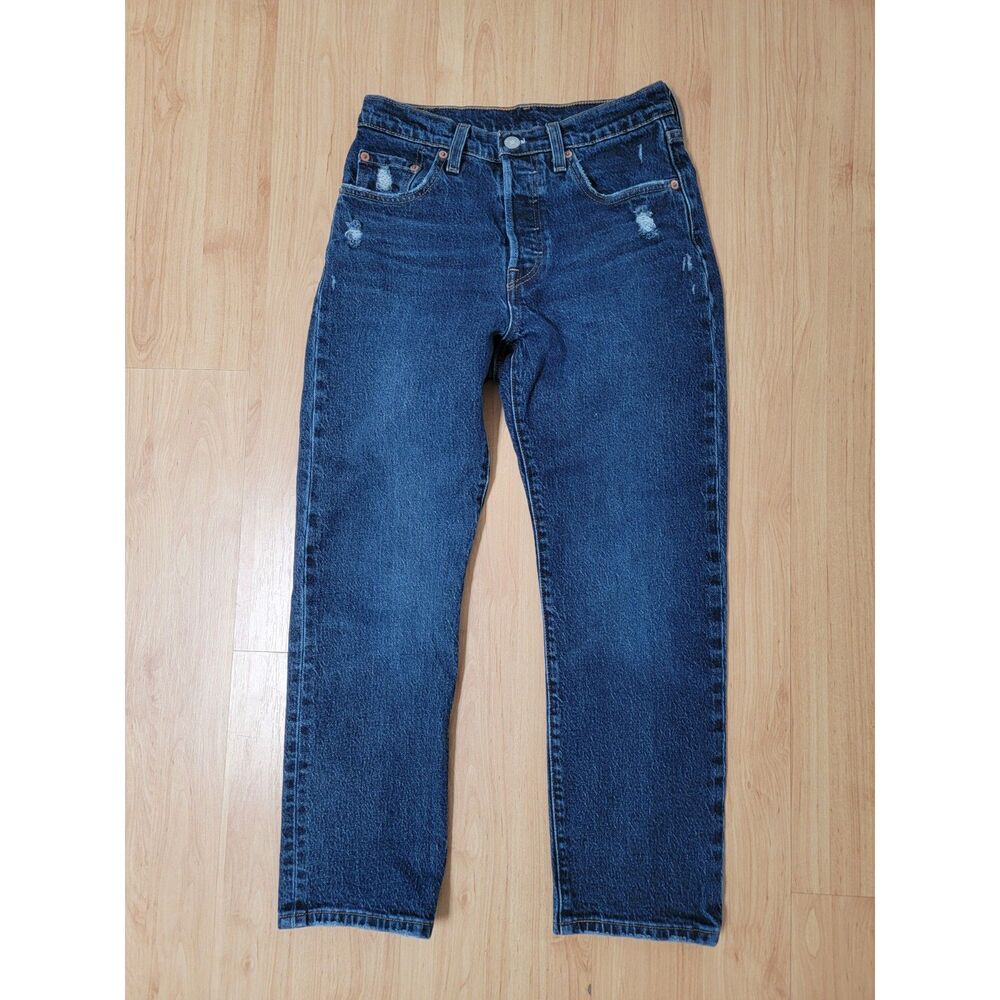 Levi’s 501 Jeans Women’s Straight Leg Distressed Dark Blue Stretch Denim W25 L26